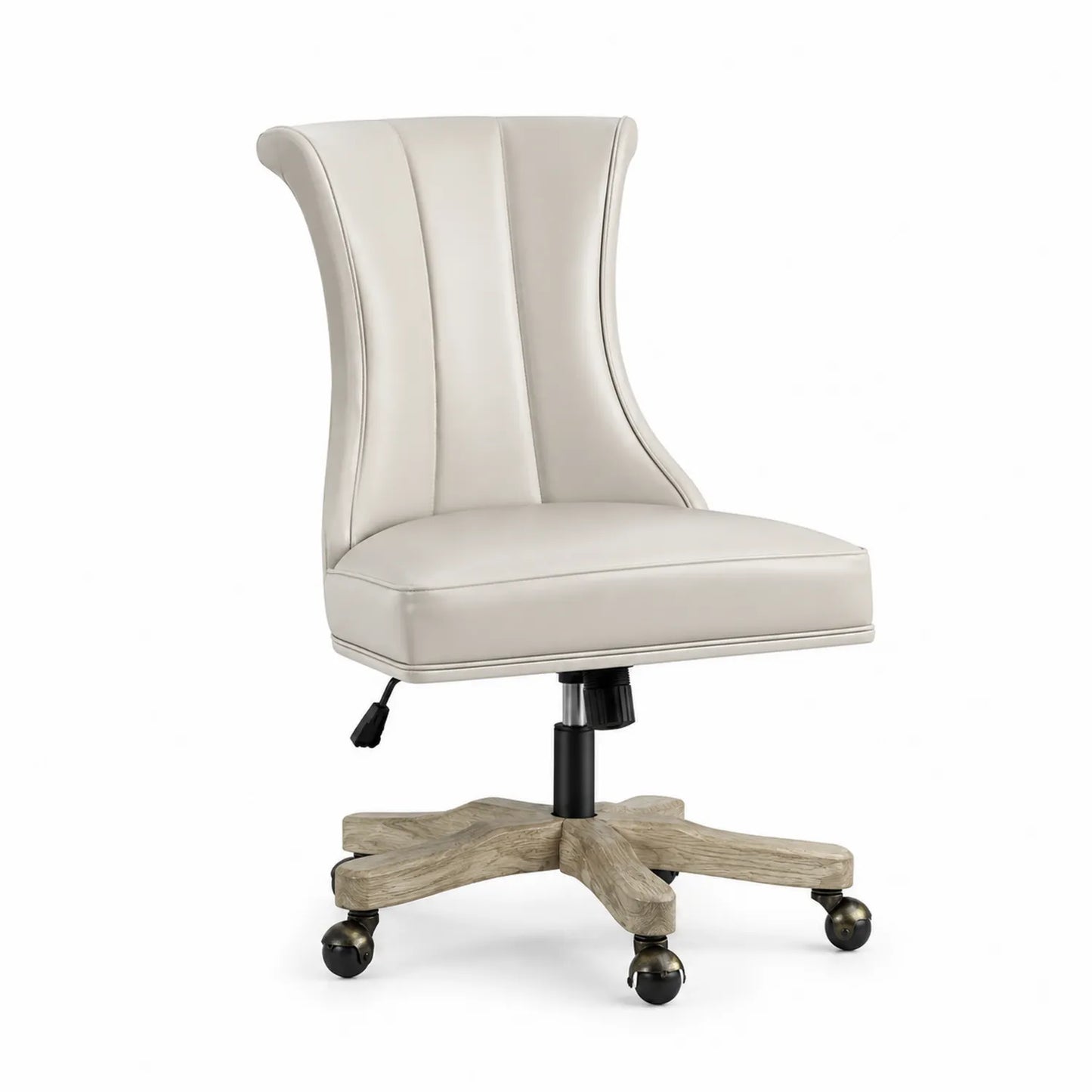 Sedia da ufficio girevole in similpelle crema con base in legno