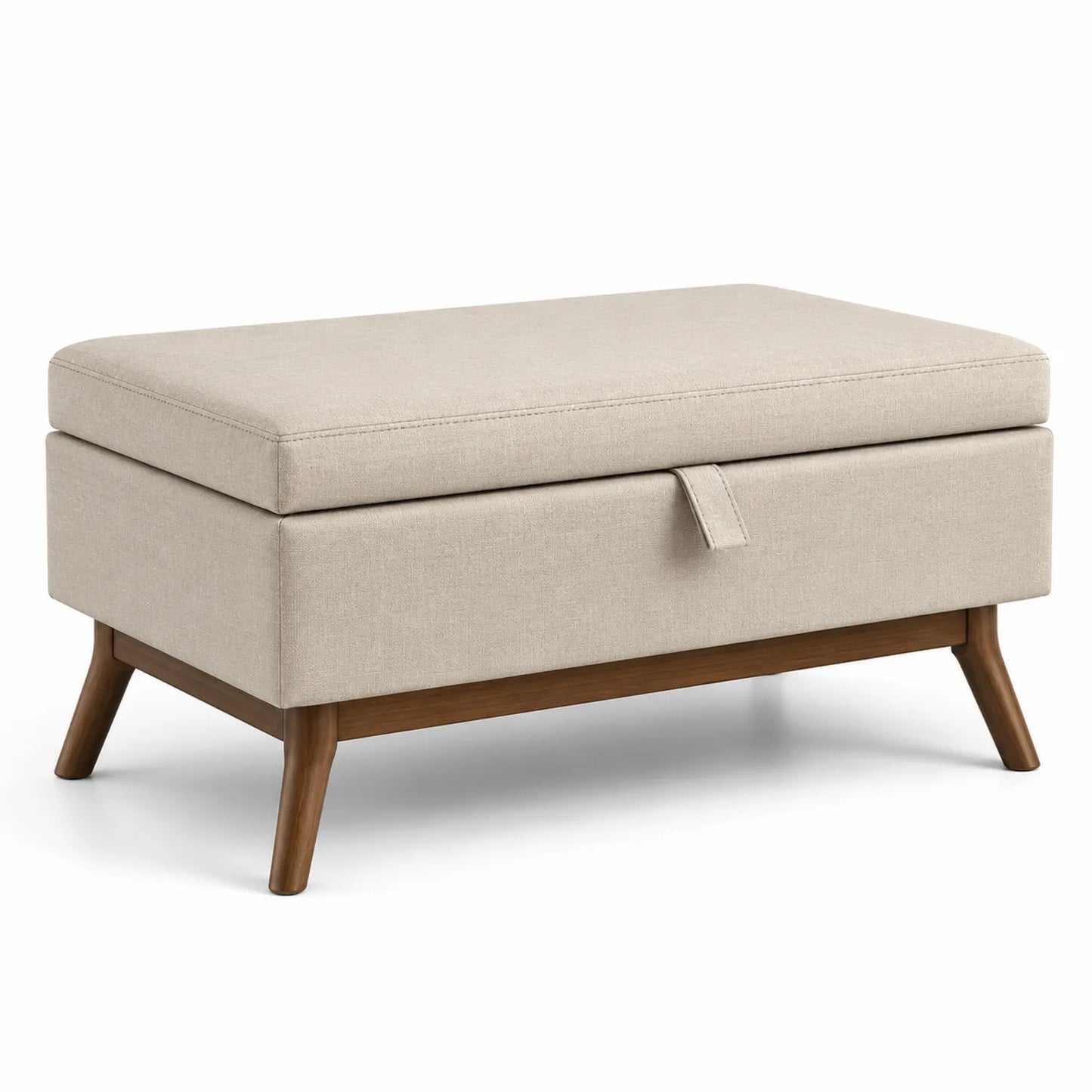 Panca contenitore in tessuto beige con gambe in legno