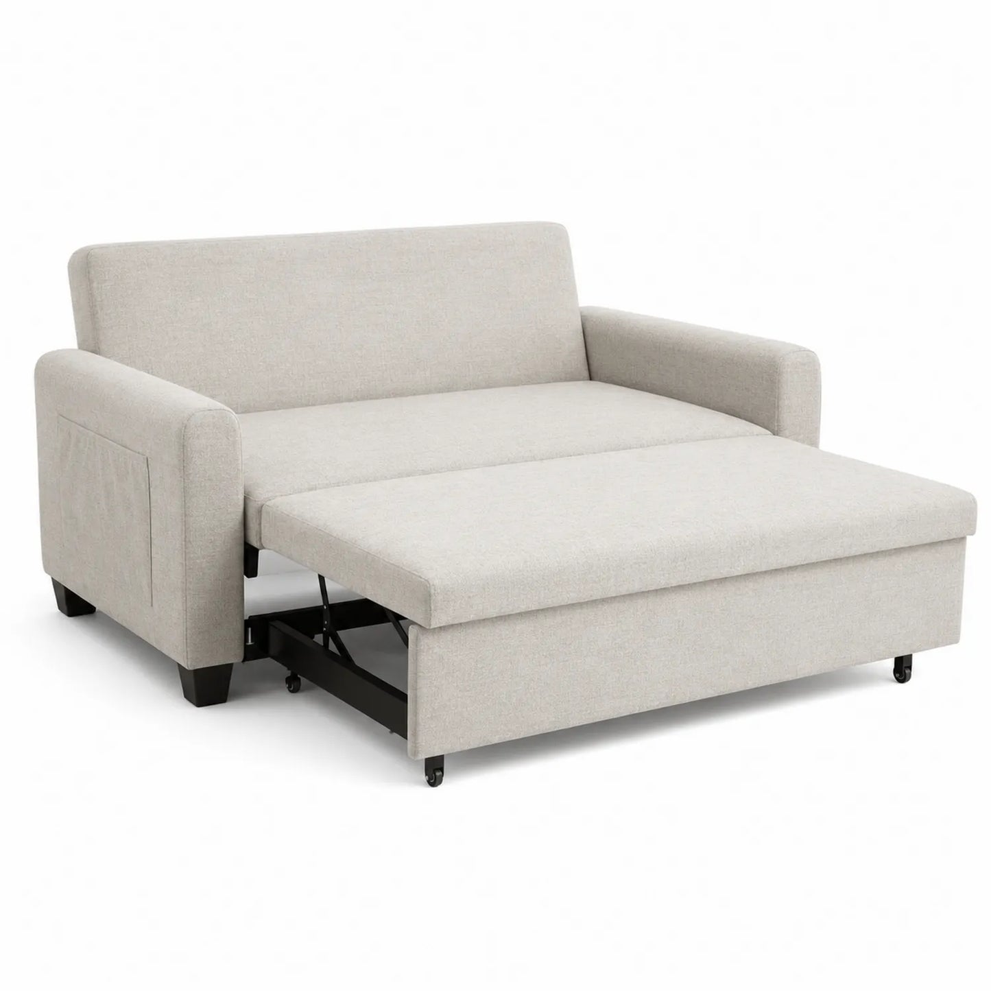 Divano Letto in Tessuto Beige con Struttura in Metallo