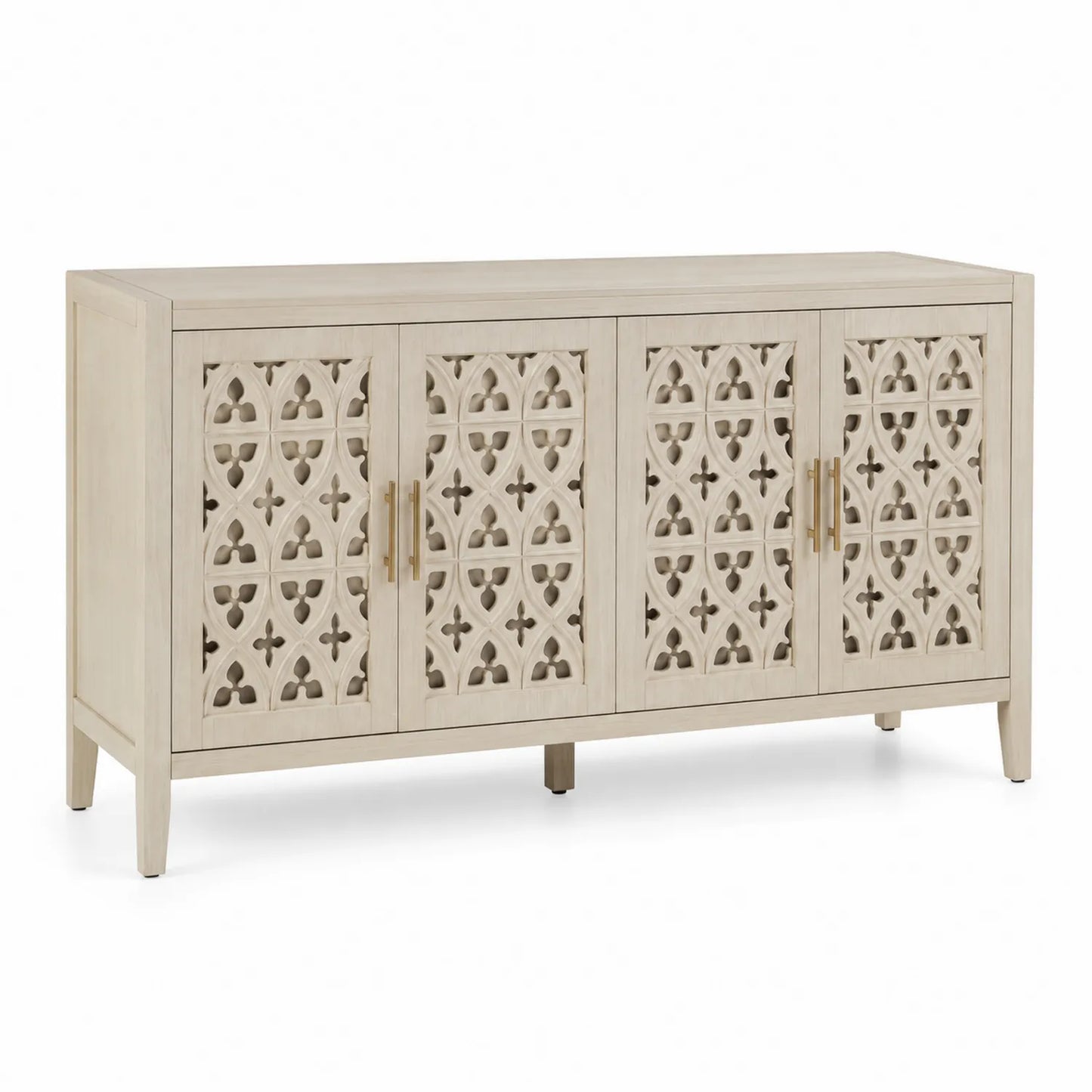 Credenza in Legno Massello con Intaglio Ornamentale Beige 4 Ante
