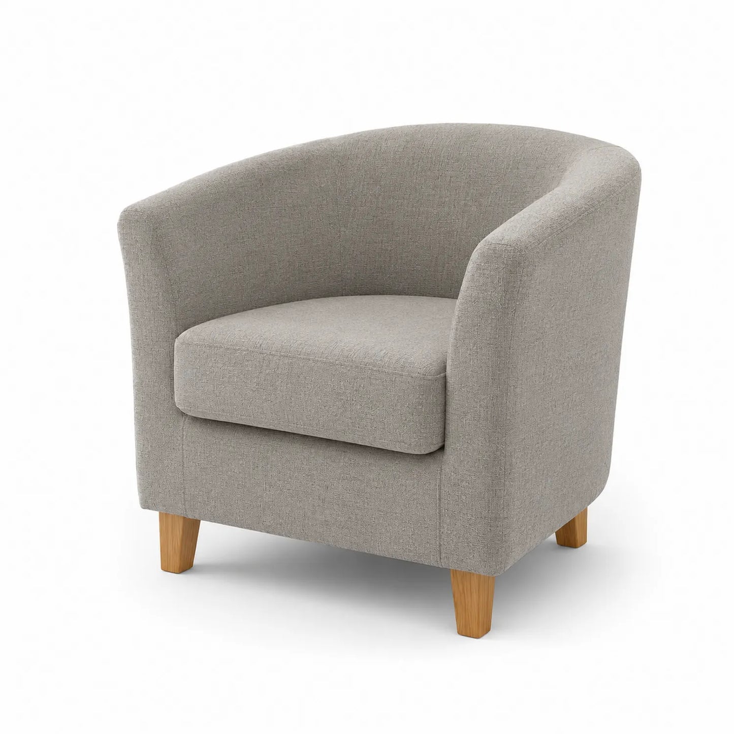 Poltrona a pozzetto in tessuto grigio chiaro con gambe in legno