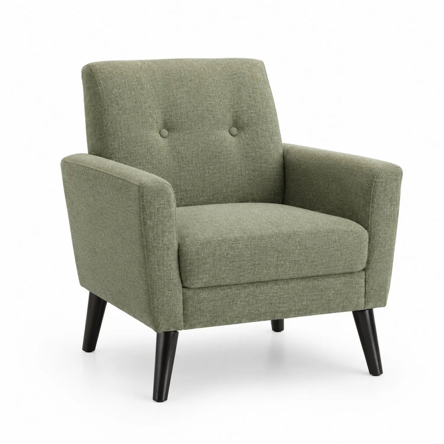 Poltrona in tessuto verde con gambe in legno nera