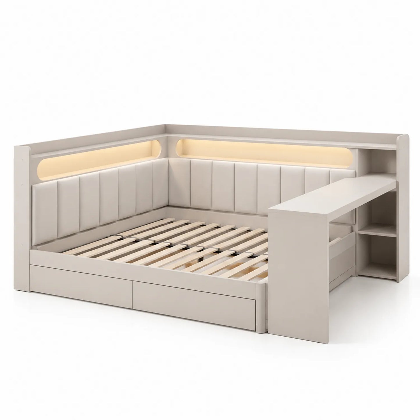 Letto ad angolo con scrivania integrata in legno e tessuto Bianco 200x90 cm