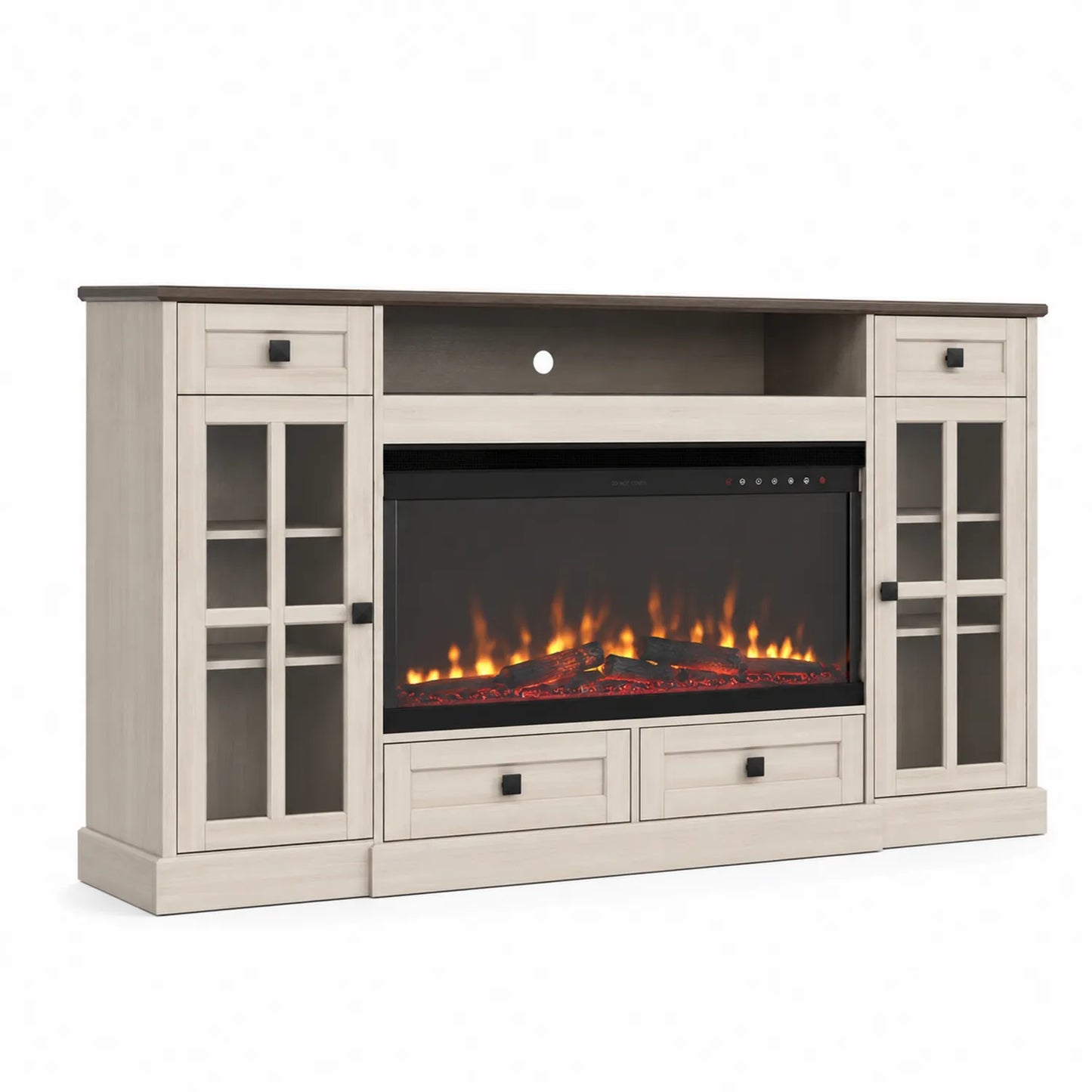 Mobile TV con Caminetto Elettrico in Legno e Vetro Temperato Bianco 152x40.5x82 cm