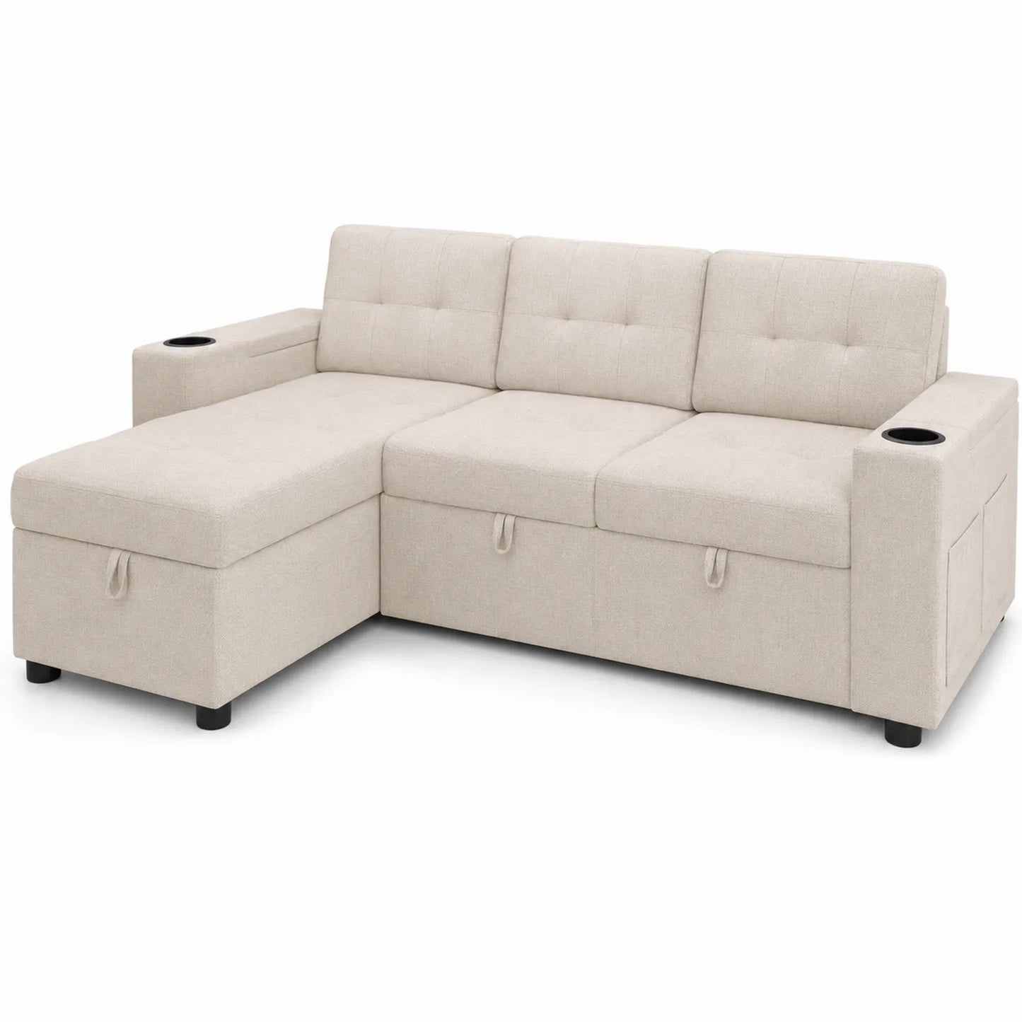 Divano angolare in tessuto beige con porta bicchieri e contenitore
