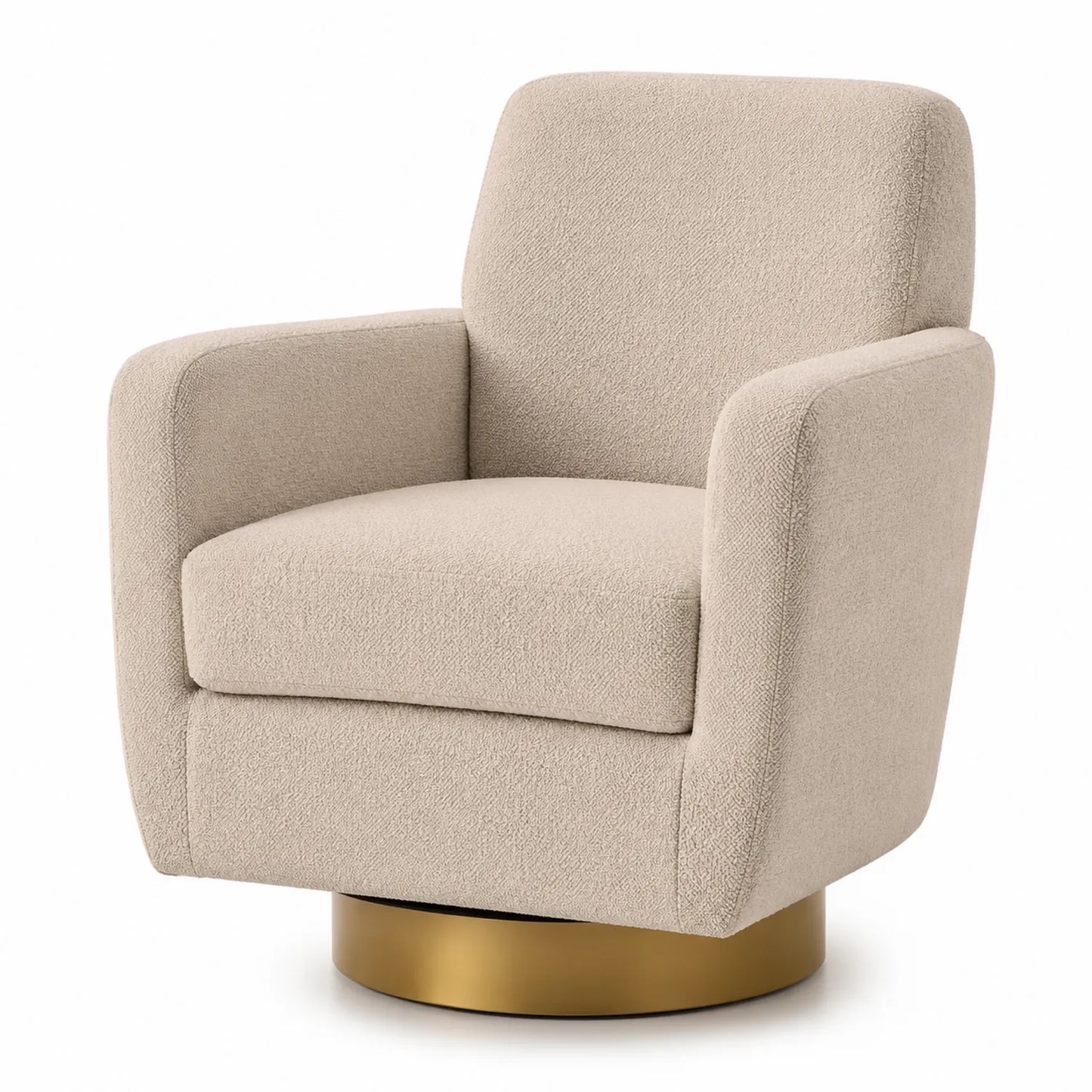 Poltrona girevole in bouclé beige con base in metallo dorato