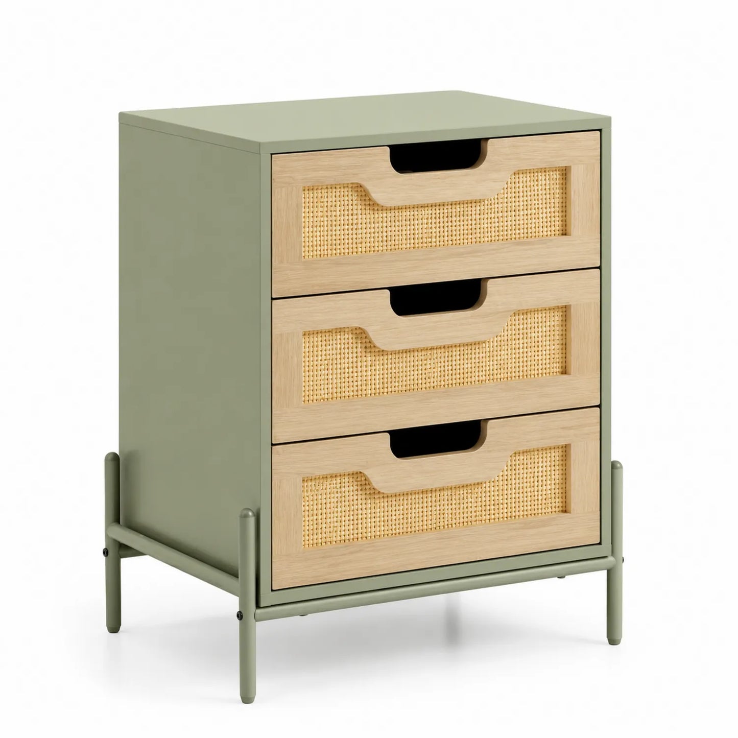 Cassettiera in Legno e Rattan Verde 3 Cassetti