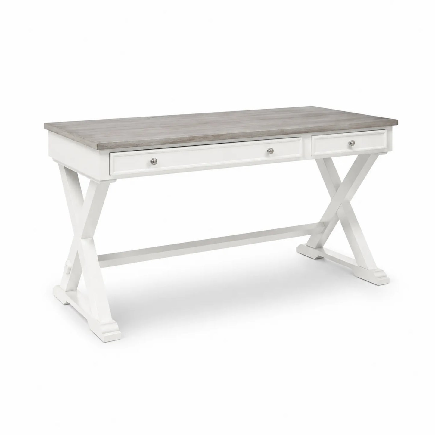 Scrivania in legno MDF bianco con piano grigio e cassetti