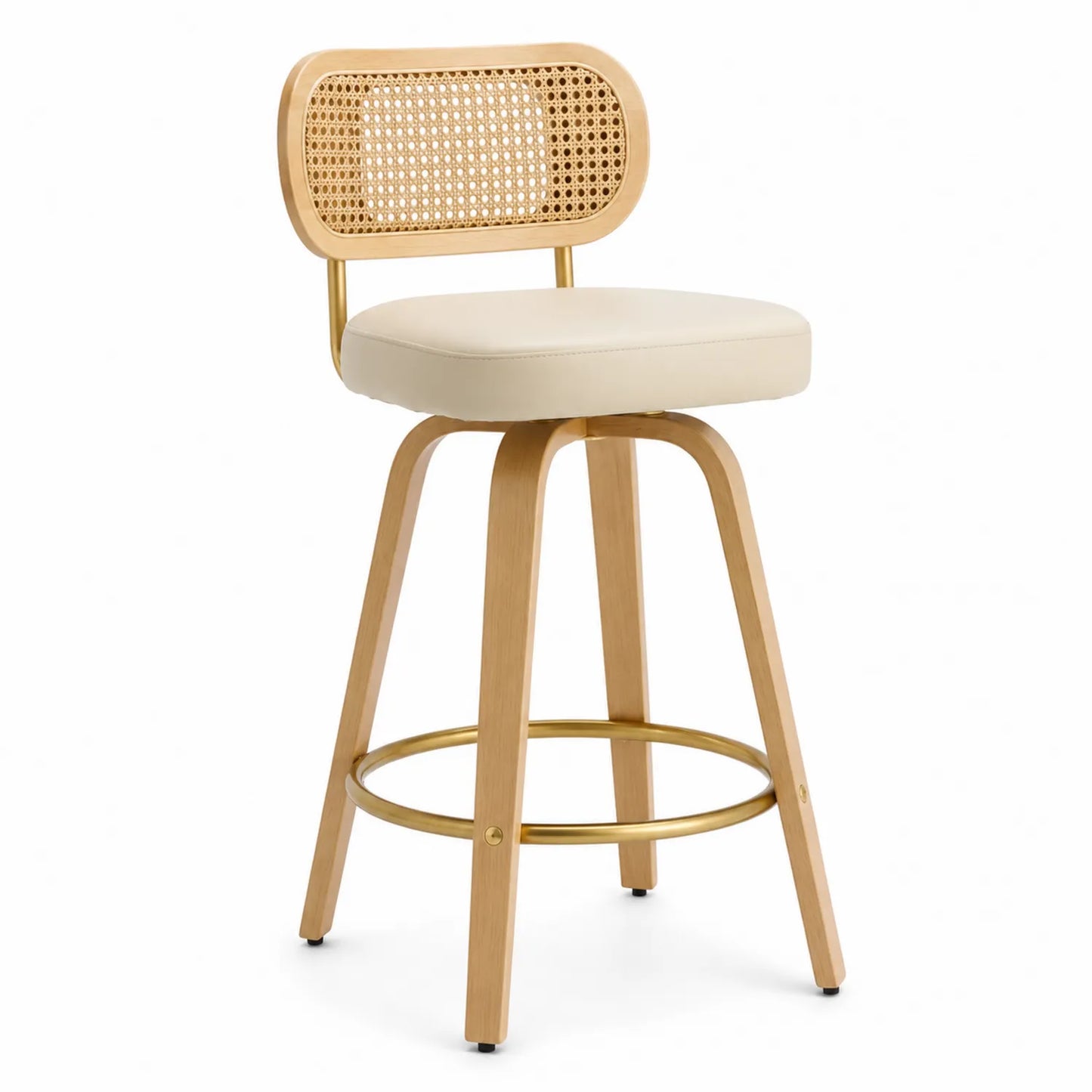 Sgabello girevole in legno e rattan con seduta beige