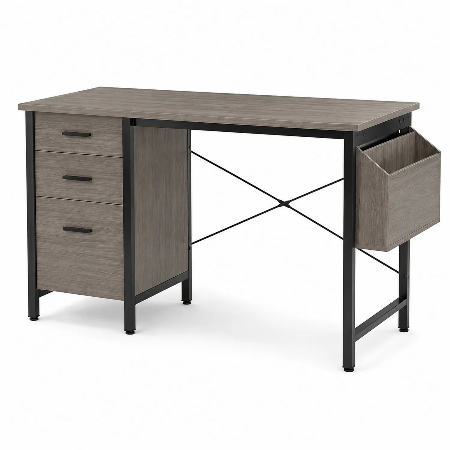 Scrivania rettangolare in legno composito grigio con cassetti e supporto laterale, 120x60x75 cm