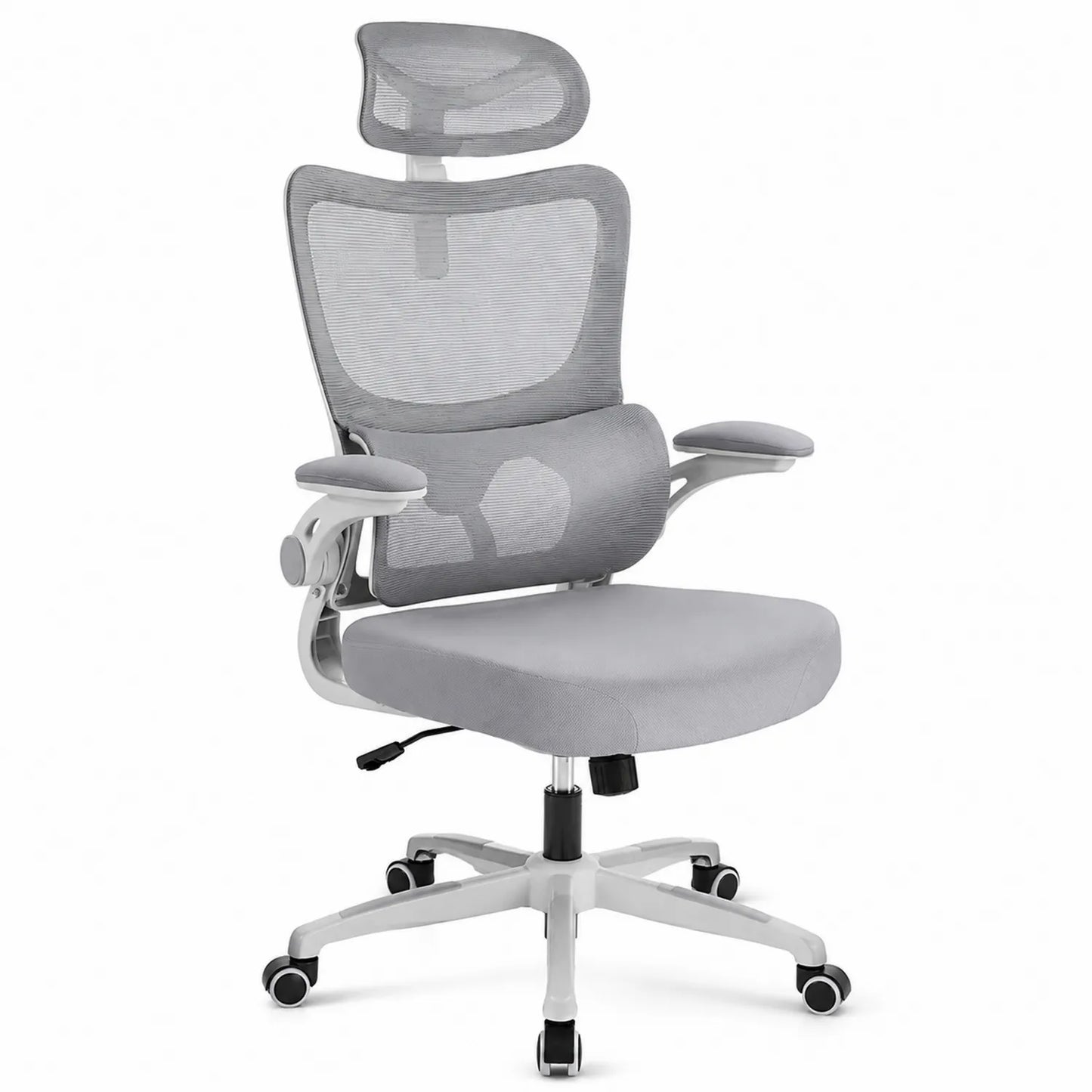 Sedia da ufficio ergonomica in metallo grigio regolabile con supporto lombare e poggiatesta