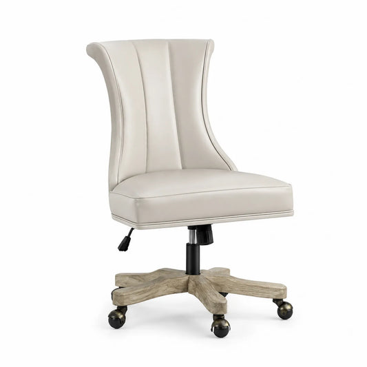 Sedia da ufficio girevole in similpelle crema con base in legno