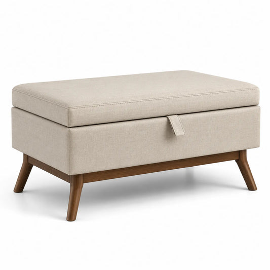 Panca contenitore in tessuto beige con gambe in legno