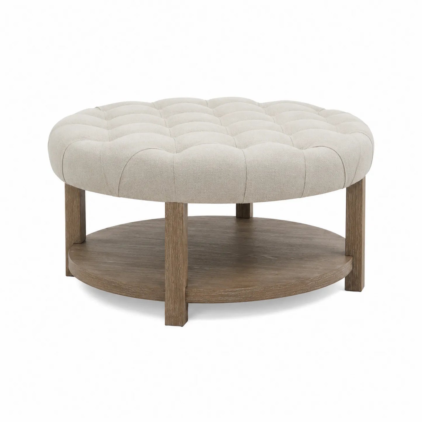 Poggiapiedi rotondo in tessuto Beige e legno