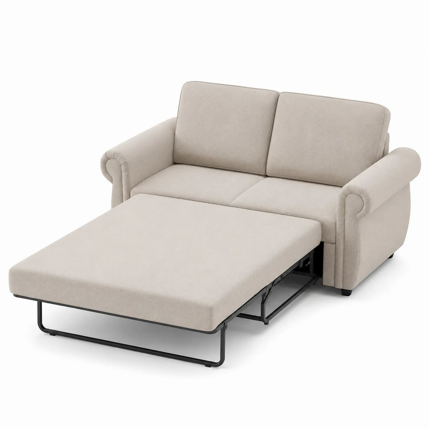 Divano Letto in Tessuto Beige 2 Posti con Braccioli Rotondi