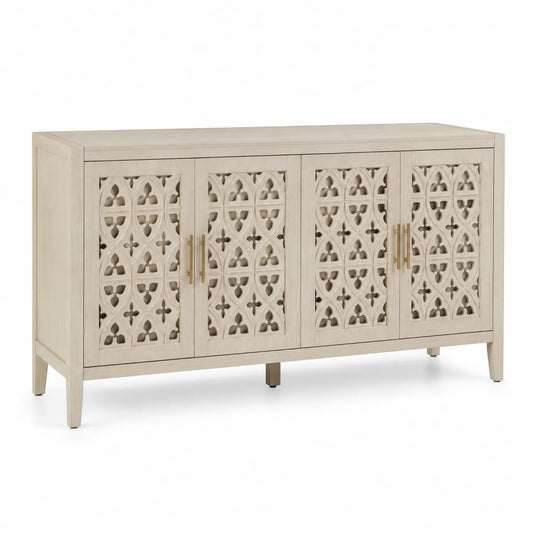 Credenza in Legno Massello con Intaglio Ornamentale Beige 4 Ante