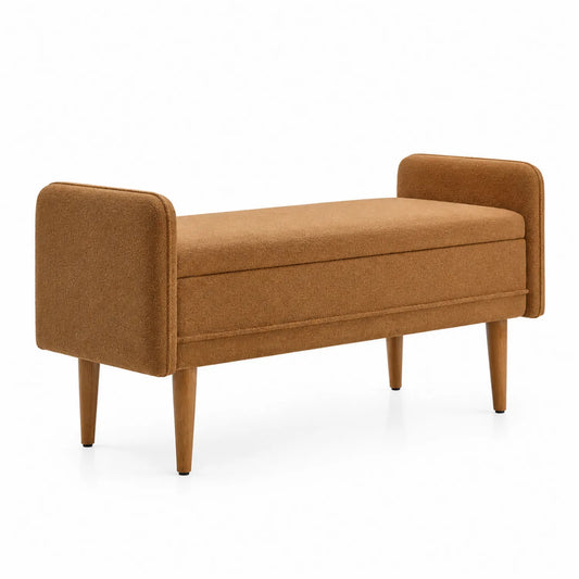 Panca contenitore in tessuto marrone con gambe in legno
