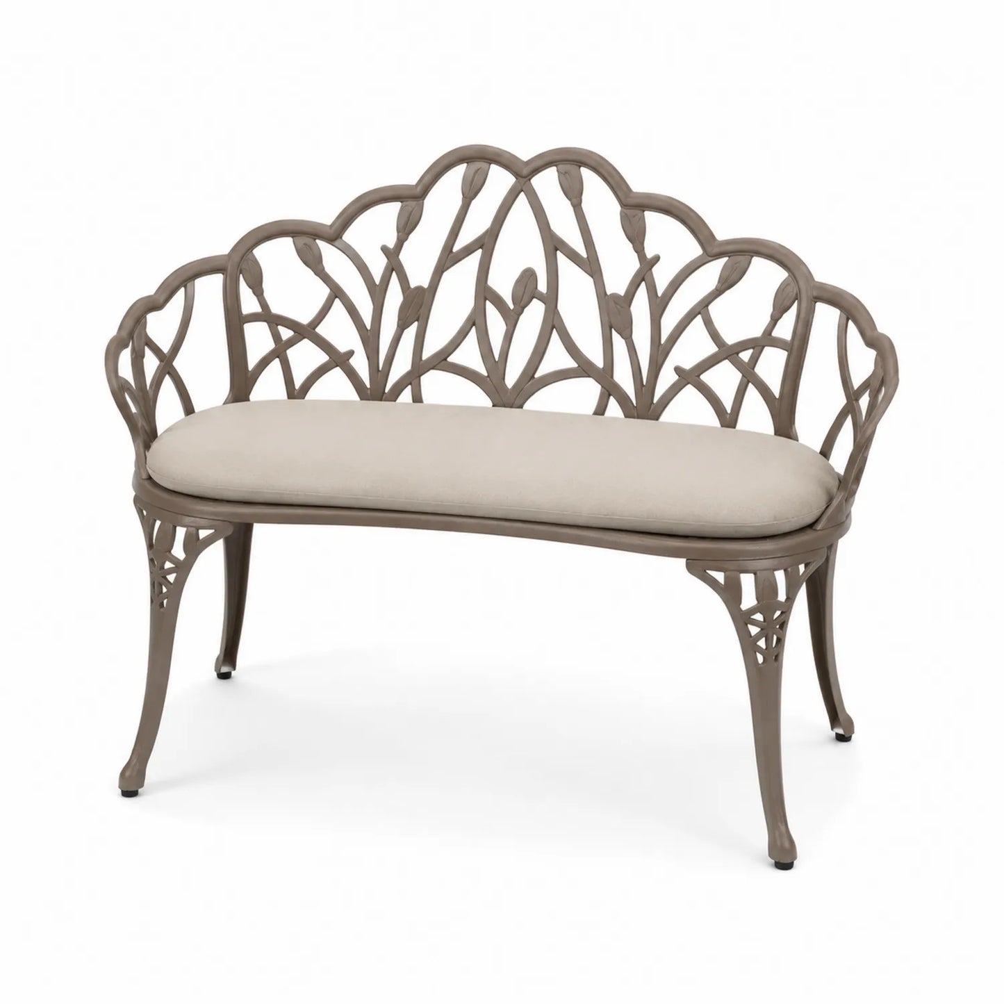 Panca in alluminio con motivo floreale e cuscino beige