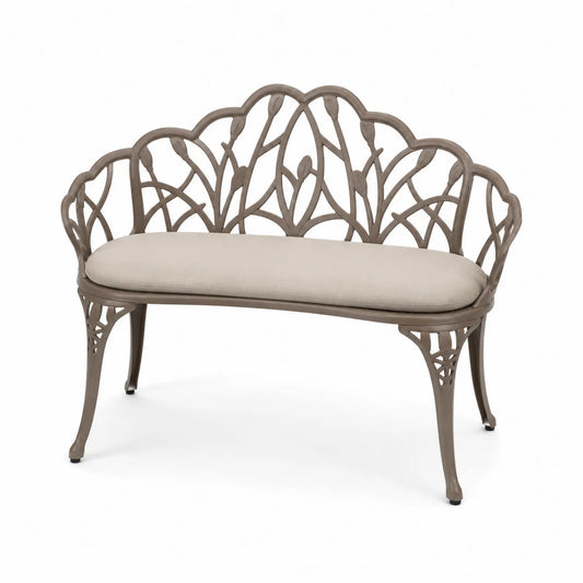 Panca in alluminio con motivo floreale e cuscino beige