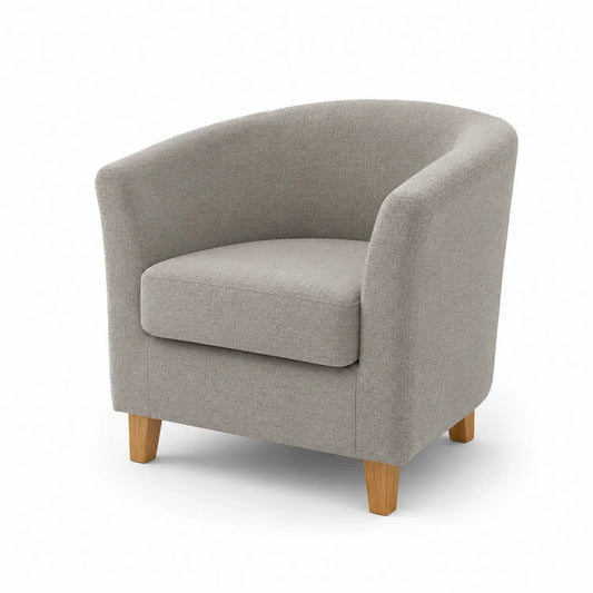 Poltrona a pozzetto in tessuto grigio chiaro con gambe in legno