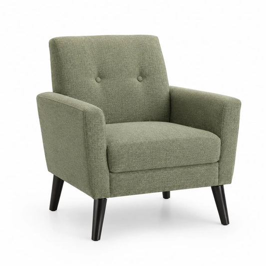 Poltrona in tessuto verde con gambe in legno nera