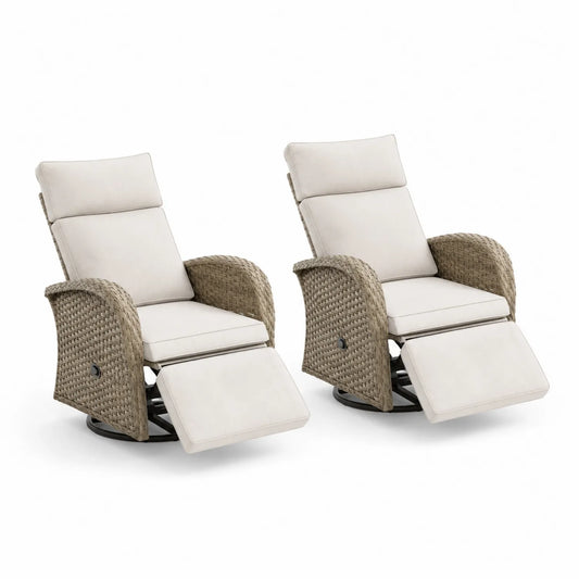 Set di 2 Poltrone Reclinabili in Rattan Sintetico con Cuscini Beige