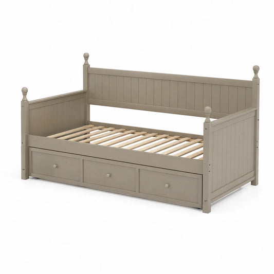 Letto singolo in legno massello con cassetti beige