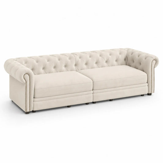 Divano Chesterfield in tessuto beige 220x85x75 cm