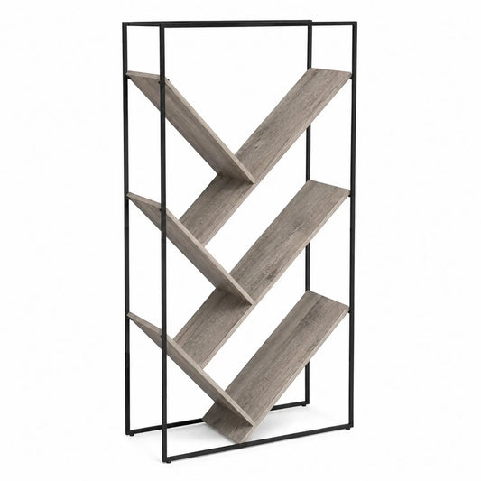 Scaffale libreria a zigzag in legno e metallo marrone 150x80x35 cm