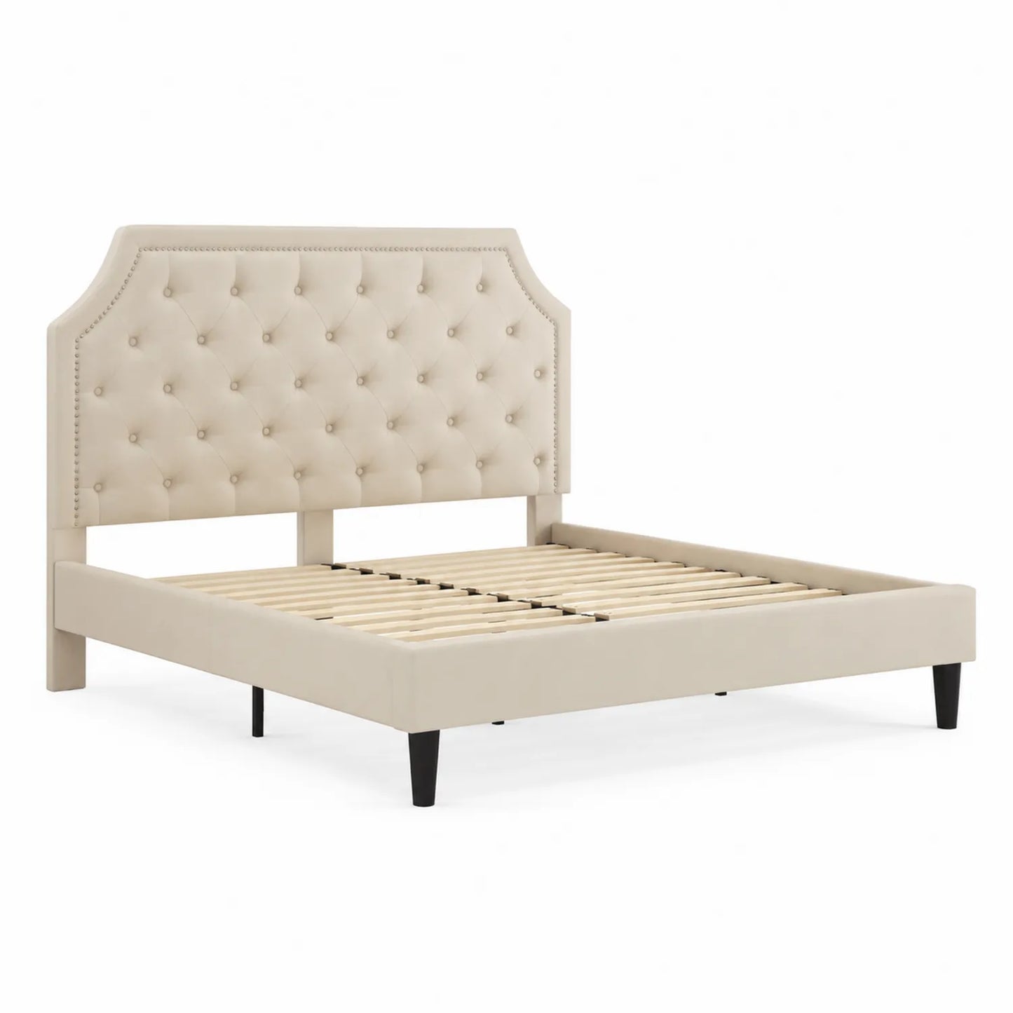 Letto Matrimoniale in Ecopelle Beige con Testiera Trapuntata