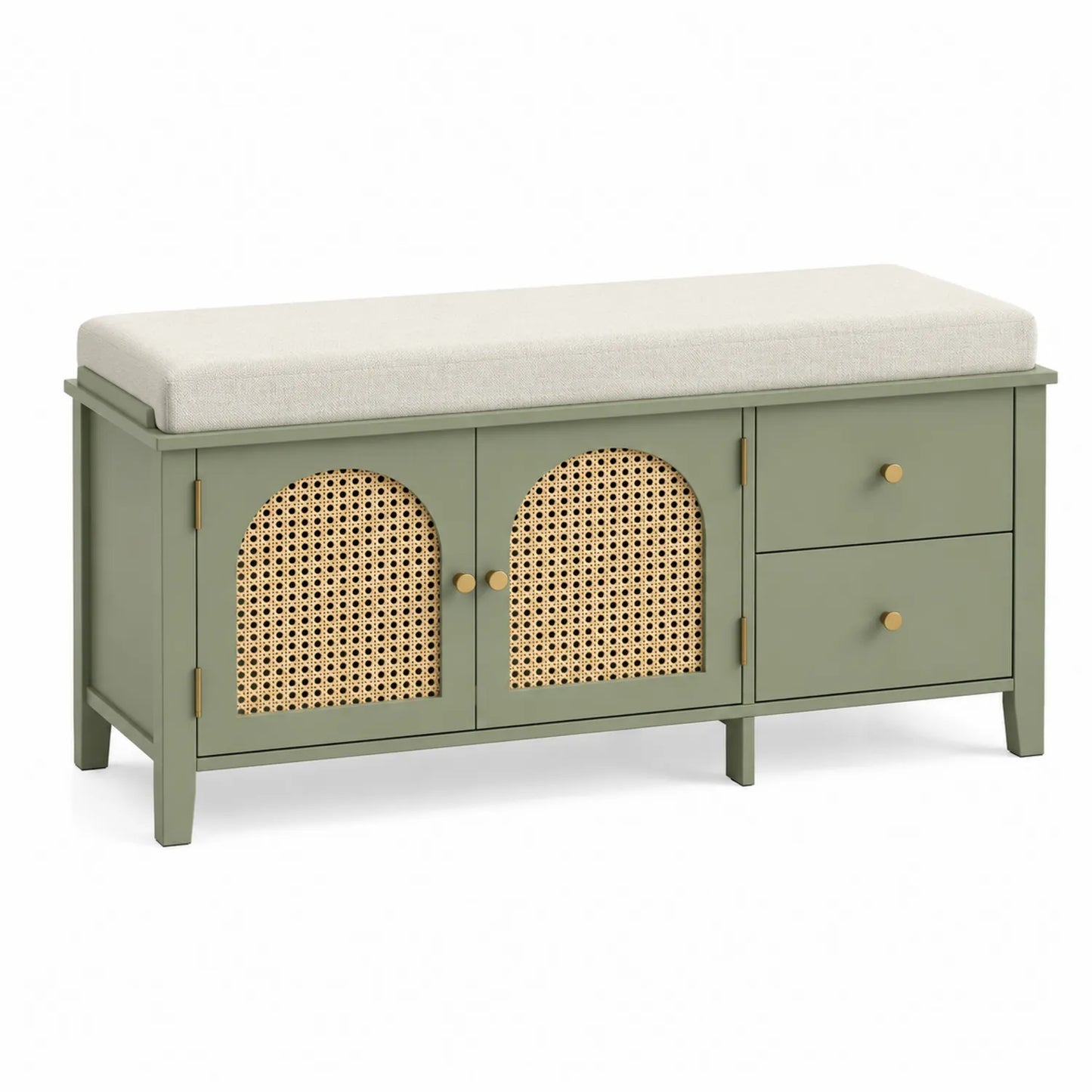 Panca contenitore in legno e rattan con cuscino verde 100x40x50 cm