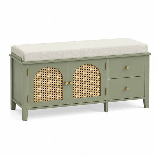 Panca contenitore in legno e rattan con cuscino verde 100x40x50 cm