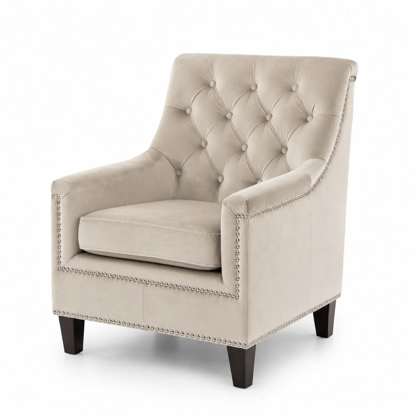Poltrona in Velluto Beige con Gambe in Legno
