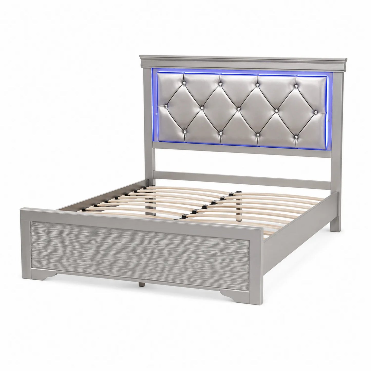 Letto matrimoniale in legno con testiera in ecopelle argento e luci LED 160x200 cm