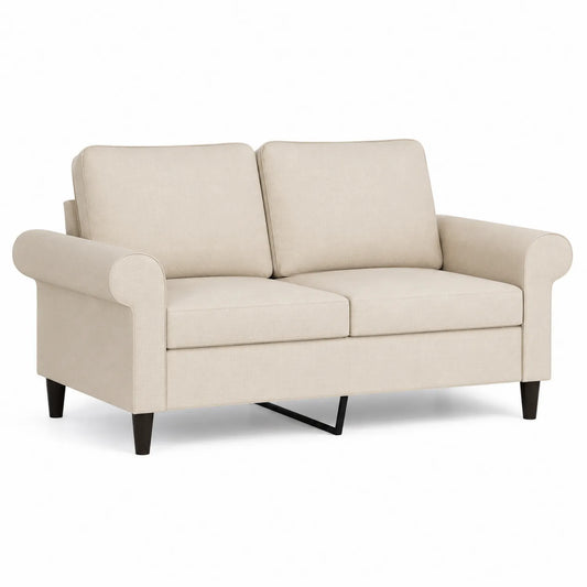 Divano 2 Posti in Poliestere Beige con Braccioli Arrotolati e Gambe in Legno