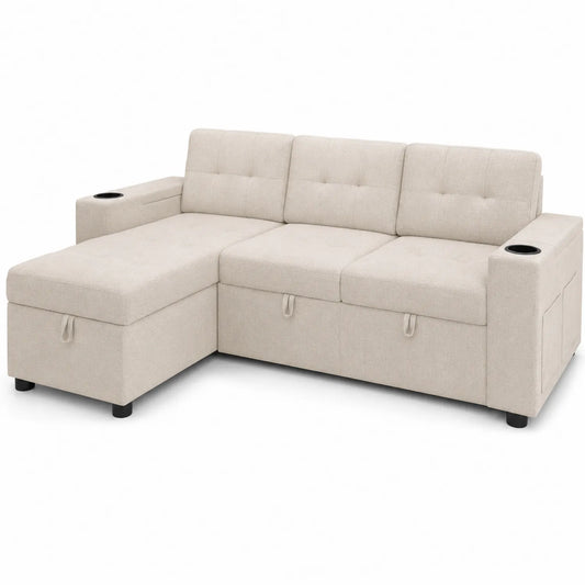 Divano angolare in tessuto beige con porta bicchieri e contenitore