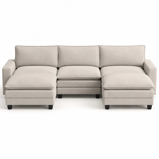 Divano modulare in tessuto poliestere beige con chaise longue
