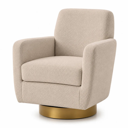 Poltrona girevole in bouclé beige con base in metallo dorato