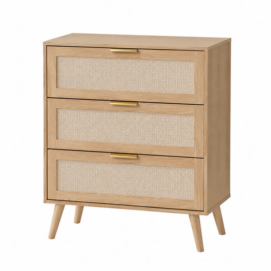 Cassettiera in Legno Massello e Rattan Naturale con Maniglie in Metallo Dorato