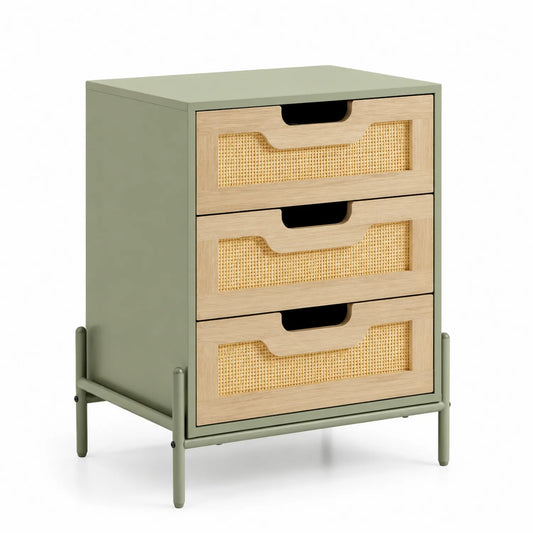 Cassettiera in Legno e Rattan Verde 3 Cassetti