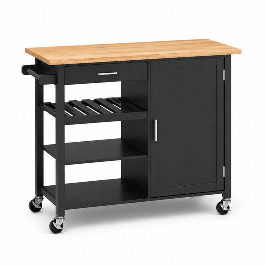 Carrello da Cucina con Piano in Legno Massello e Struttura in Metallo