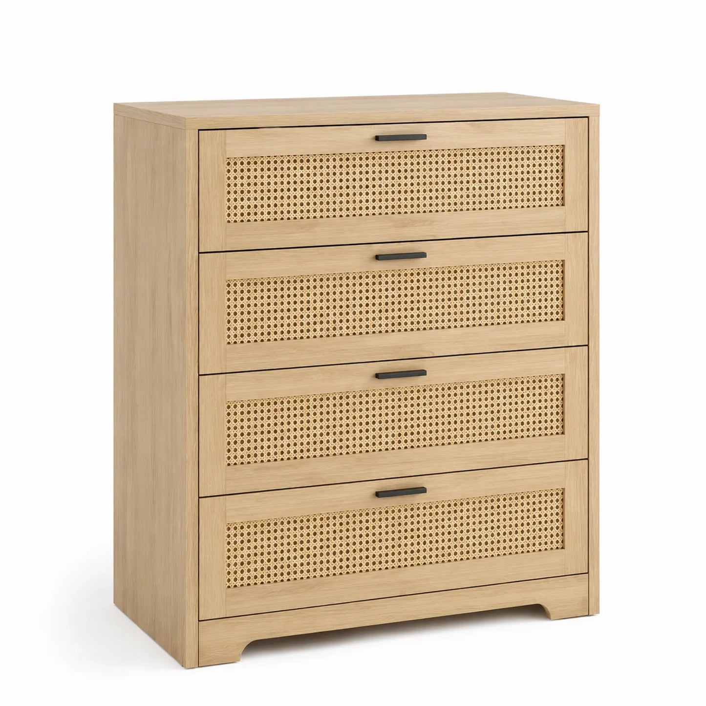 Cassettiera in Rovere con Dettagli in Rattan a 4 Cassetti