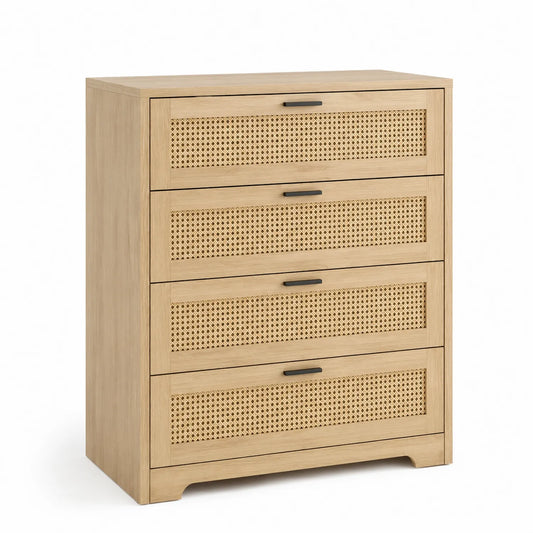 Cassettiera in Rovere con Dettagli in Rattan a 4 Cassetti