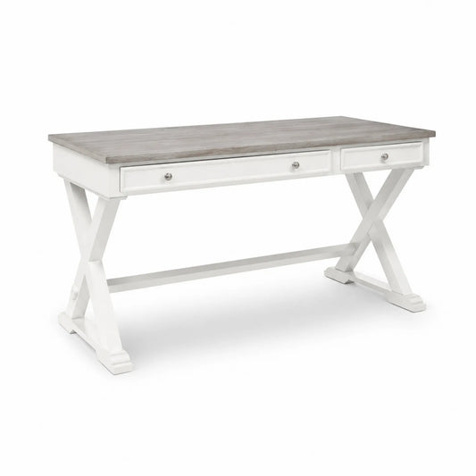 Scrivania in legno MDF bianco con piano grigio e cassetti