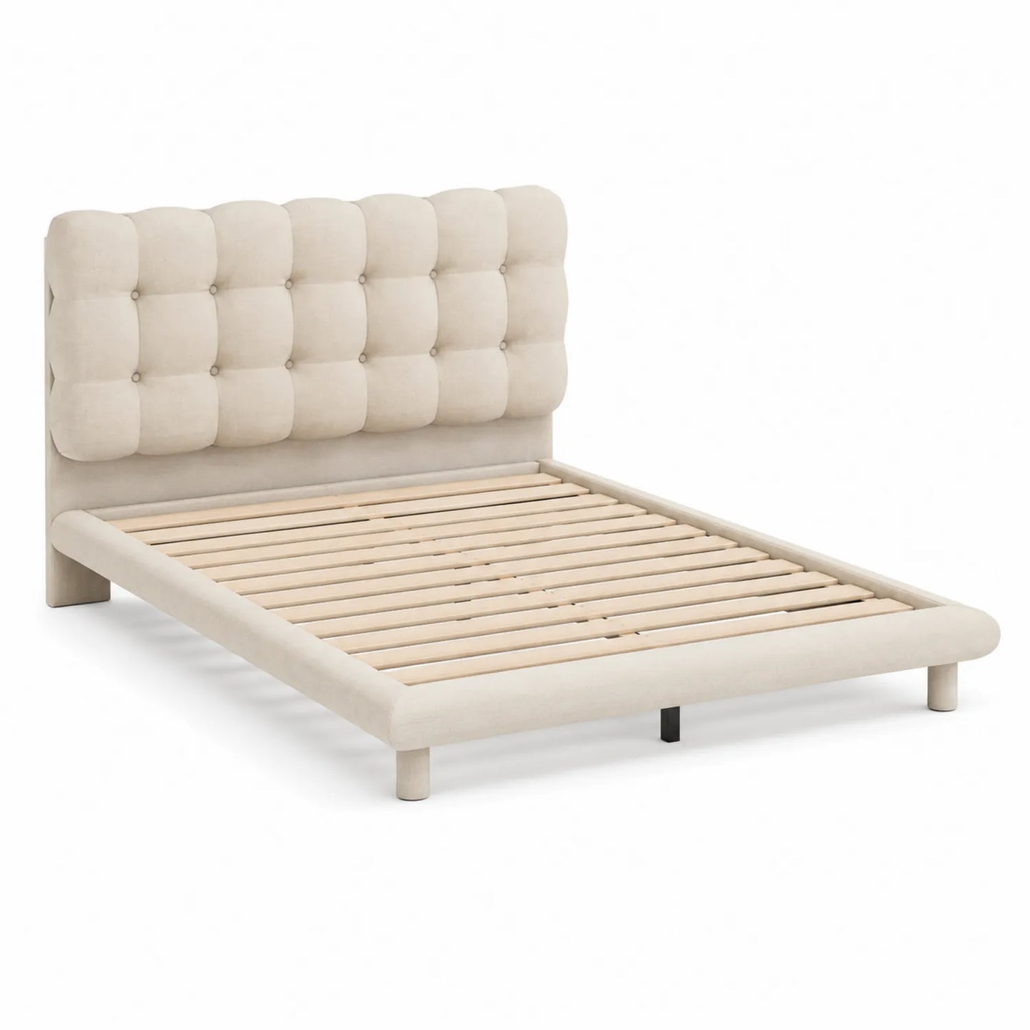 Letto in legno con testiera trapuntata in tessuto beige 160x200 cm