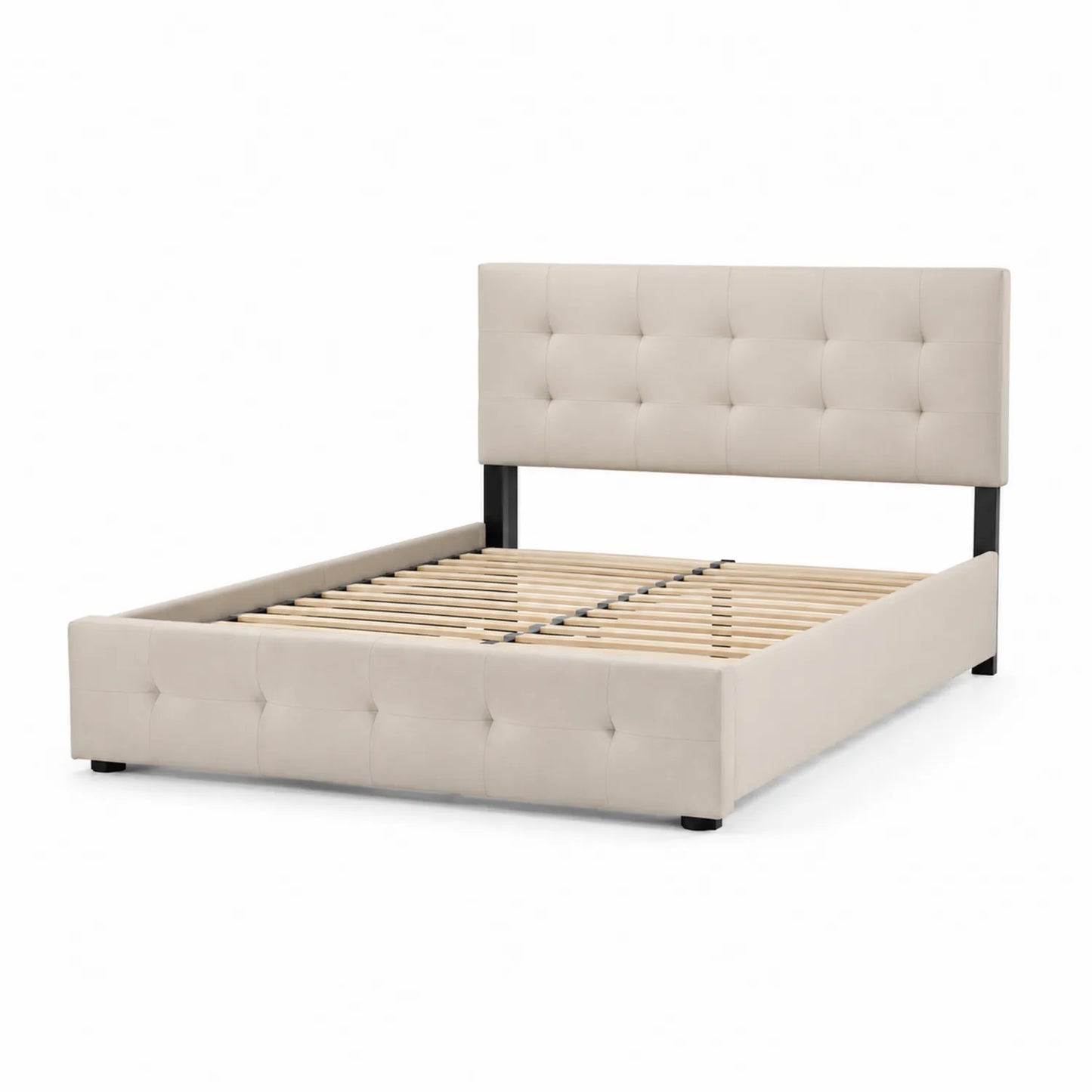 Letto matrimoniale imbottito in tessuto beige con testiera e struttura in legno