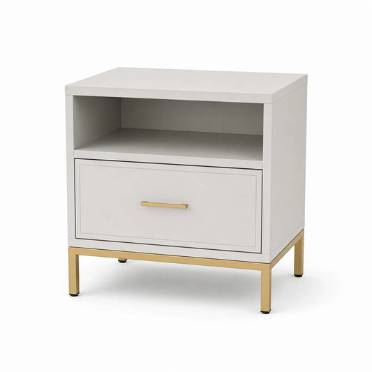 Comodino rettangolare in MDF Bianco con dettagli Dorati