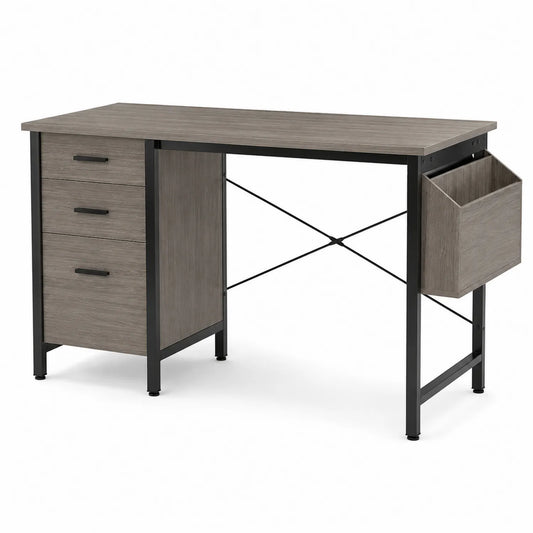 Scrivania rettangolare in legno composito grigio con cassetti e supporto laterale, 120x60x75 cm