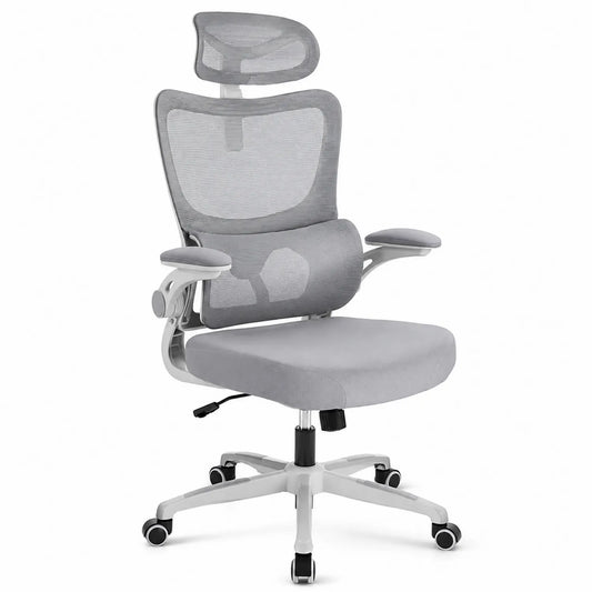 Sedia da ufficio ergonomica in metallo grigio regolabile con supporto lombare e poggiatesta