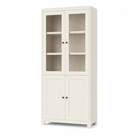 Libreria rettangolare con ante in vetro e legno bianco